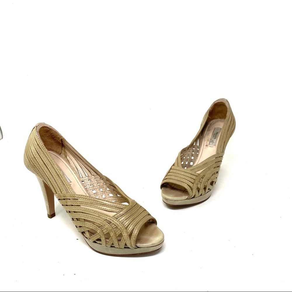 Prada gold Beige Leather Strappy Open Toe Platform heel Pumps size 35.5